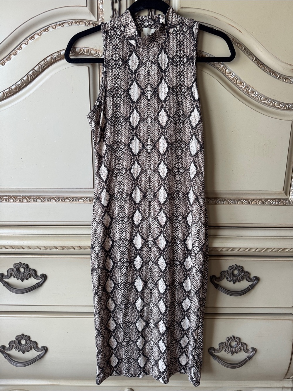 Caution To The Wind Beige and Black Snake-Print Sleeveless Midi Dress